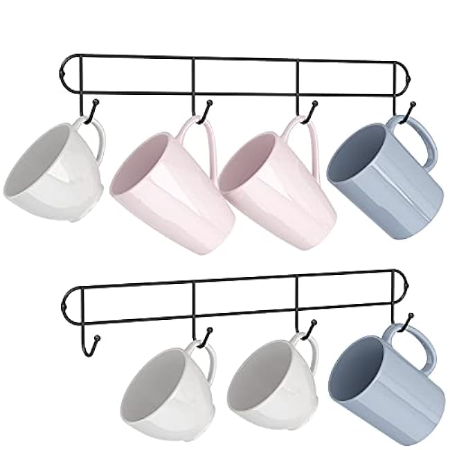 Coffee Mug Rack Wall Mounted - Mug Holder - Coffee Cup Organizer - Mug Hanger - Coffee Cup Rack with Mug Hooks for Kitchen - Rustic Farmhouse Storage Tea Cup Hooks - Set of 2 - Black