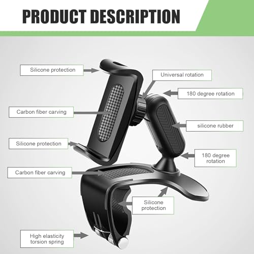 Hugwits Car Phone Holder, 360 Degree Rotation Clip-on Dashboard Phone Holder, Multifunctional Mobile Phone Mount for Sun Visor & Rearview Mirror, Universal for 4-7 Inches Smartphones (Black) - image 3