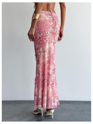 GORGLITTER Women's Floral Maxi Skirt Ruffle Trim Bodycon Pencil Flowy Long Skirts Summer Trendy Dressy 20252