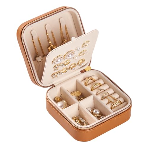 DOXINGKAI Travel Jewelry Box, PU Leather Small Jewelry Organizer for Women Girls, Portable Mini Travel Case Display Storage Holder Boxes for Stud Earrings, Rings, Necklaces (Brown)