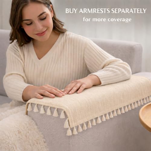 Image of STITCHNEST Beige Chenille Sofa Cover 24x30 Inch - Soft, Durable & Textured Fabric with Tassels | Sofa for Living Room, Bedroom, or Drawing Room