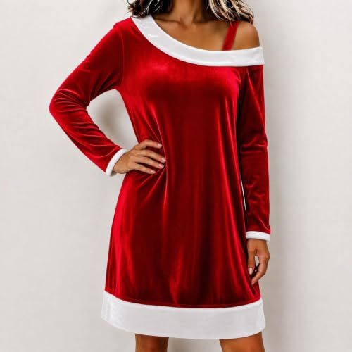 Christmas Velvet Dress for Women One Shoulder Long Sleeve Dresses - image 3