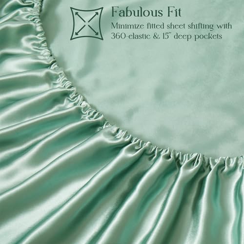 Image of Homiest Sage Green Twin Ruffle Pillowcase & Satin Fitted Sheet Set 2Pcs | Silky Satin Protects Hair And Skin, 15-Inch Deep Pocket, Pearlescent Earthy Natural Calm, Easy Machine Wash Care