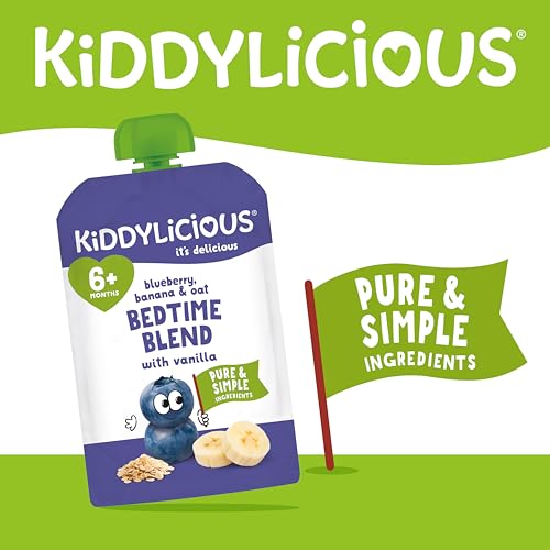 Kiddylicious Bedtime Blend Blueberry, Banana & Oat Pouches - Delicious Pouches for Babies - Suitable for 6+ Months - 100g x 6 Packs