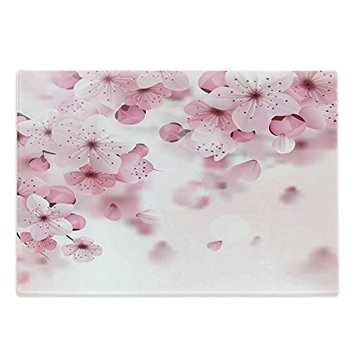 Ambesonne Floral Cutting Board, Japanese Sakura Flowers Blossoms Eastern Spring Nature Theme Illustration, Decorative Tempered Glass Cutting And Serving Board, Large Size, Pale Pink #TOP22