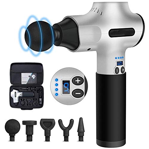 Massage Deep Relaxation-Deep Tissue Percussion Massager pour le soulagement de la douleur, Masseur de corps électrique portable rechargeable rapide - 5 têtes de massage 9 vitesses de vibration à haut