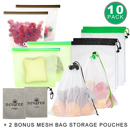 Reusable Bag Set of 12-2xLarge & 2xSmall Silicone Food Bags + 3xLarge
