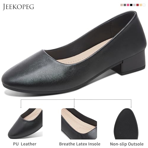 Jeekopeg Low Chunky Pumps Women's Round Toe Heels PU Leather Chunky Pump Shoes Classic Closed Toe Pumps Low Heel Dress Shoes for Women4