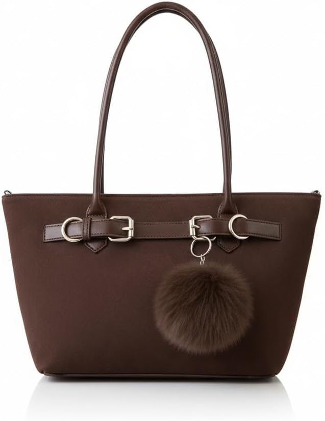 Elegant Suede Tote Handbag with Double Buckle Straps and Fur Pom Charm, Brown Shoulder Bag for Women