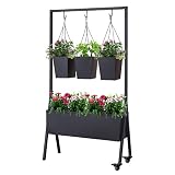 J-SUN-7 Raised Planter Beds Box with Wheels, Outdoor Elevated Garden Bed w/3 Pack Hanging Planters f