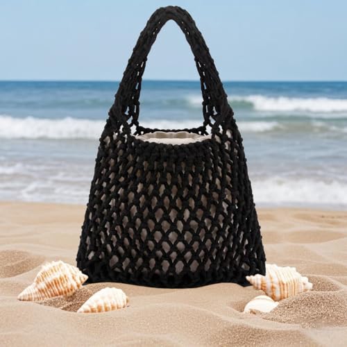 Image of Naimo Straw Beach Bag Woven Rattan Shoulder Bag Fishing Net Handbag Cotton Rope Tote Summer Crochet Hobo Bag