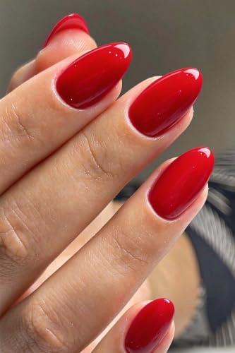 AzureBeauty Red Short Almond Press On Nails, Classic Rouge, 32 Pcs 16 Sizes | Reusable Press Ons Fake Nails Kit, Stick on Nails, 3-Week Wear, Natural Look, Salon Quality, Fall Winter Christmas Women Gift