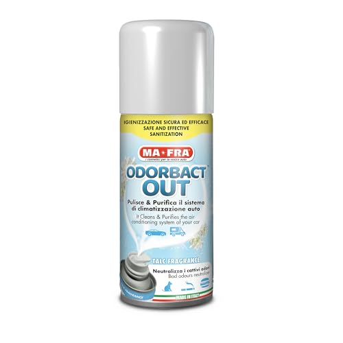 Ma-Fra Odorbact out Talc Fragrance, Spray Purificante per Climatizzatori Auto, Neutralizza i Cattivi Odori e Rilascia Una Piacevole Fragranza al Talco, Formato 150ml