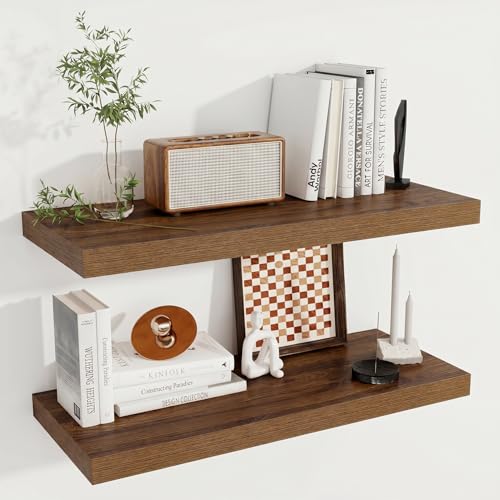 Image of Fun Memories 12 Deep Floating Shelves for Wall | 30W x 12D Large Floating Shelves | 2 Pack Storage Space Wall Mount Shelf for Living Room Bathroom Toilet Laundry Room Kitchen Home Office - Walnut