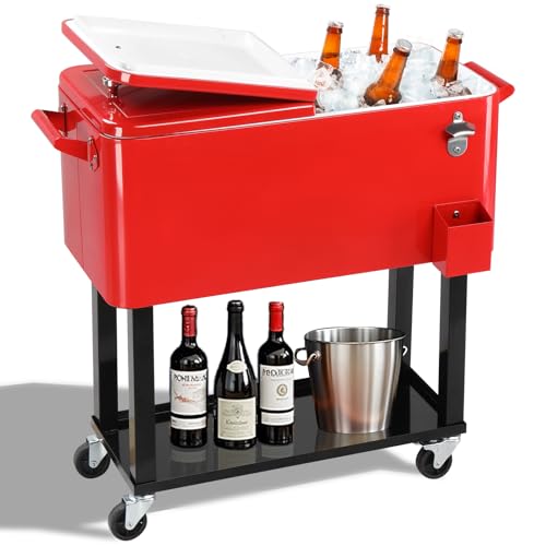 Outvita 80 Quart Rolling Ice Chest Portable Bar Drink Cooler with Catch Basin Bottom Storage Tray and Bottle Opener for Patio Party BBQ Beach Activities (Red)