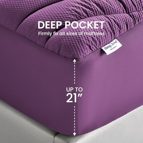 SLEEP ZONE Cooling Twin Mattress Topper for Single Bed, Premium Zoned Quilted Mattress Pad, Fitted Mattress Protector Cover, Machine Wash Durable, Deep Pocket 8-21 inch, Purple, Twin
