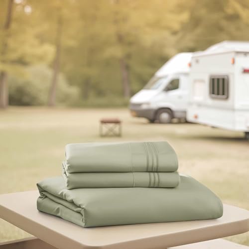Image of Nestl Light Sage Short Queen Sheets for RV, Hotel Luxury RV Queen Sheets Set, 4 Piece Fitted Bed Sheet Set and Pillowcases, Super Soft, Wrinkle-Free, and Breathable Camper Bedding
