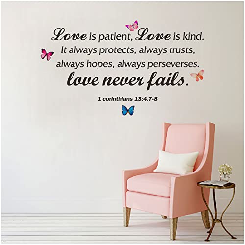 Bible Verse Words Wall Decal Sticker, Love Is Patient Love Is Kind Love Never Fails Corinthians 13:4-8 Butterfly Decor Christian Religious Scripture Quotes Vinyl Wallpaper Mural For Home Church #TOP1