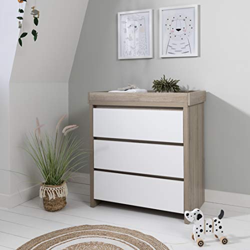 Tutti Bambini Modena Solid Wood Baby Changing Table Nursery Dresser Chest Changer with 3 Drawers Removable Changing Top White and Oak Nursery Furniture
