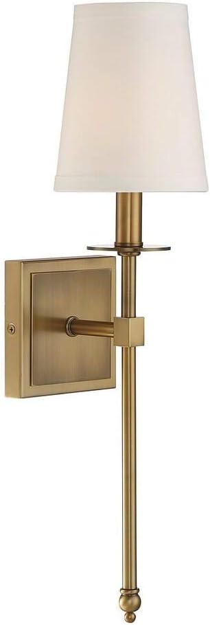 Classic Farmhouse Industrial Wall Sconce Lighting Fixture with Flared White Textile Lamp Shade and New Brass Tapered Column Stand