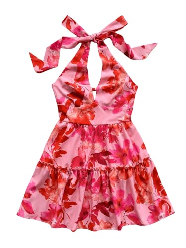 Floerns Women's Floral Print Sleeveless Halter Neck Layered Hem A Line Mini Dress