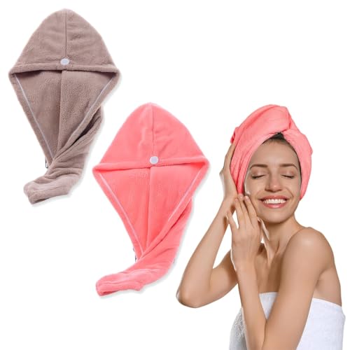 2pcs Gorro de Pelo Seco para Mujeres,Toalla Pelo Microfibra Anti frizz, Toalla Turbante para Cabello Rizado,Súper Absorbentes de Secado Rápido,Rosa Claro + Café Claro