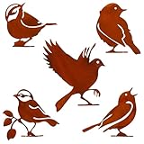 Framendino, 5 Pack Rusty Birds Decoration Metal Yard Art Bird Ornaments Decor for Fence Topper Garden Decorations