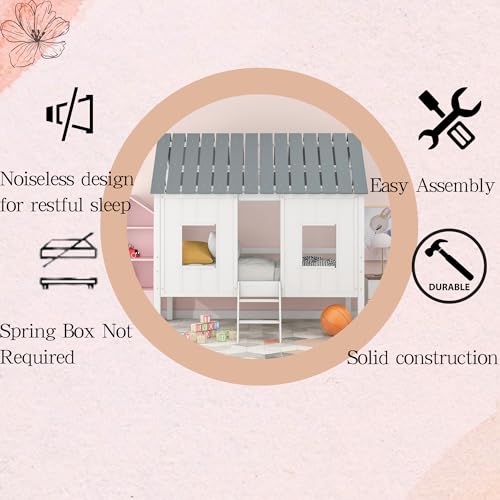 Softsealowloftbedwithwindowsandroofhouseloftbedwoodplatformbedframewithwoodslatsandnoboxspringneeded  Urban Country Home Decor Softsea low loft bed with windows and roof house loft bed wood platform bed frame with wood slats and no box spring needed  urban country home decor