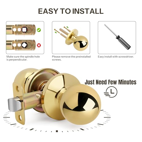LOQRON Ball Design Door Knob No Lock, Passage Round Shaped Non-Locking Doorknob for Hallway/Closet, Polished Brass Finish - Image 7
