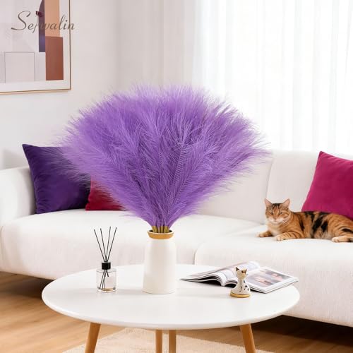 Image of Serwalin 6PCS Pampas Grass Decor, 17.7Inch Purple Artificial Pampas Grass Fluffy Fake Pompas Vase Filler Flower Arrangement for Home Wedding Decor