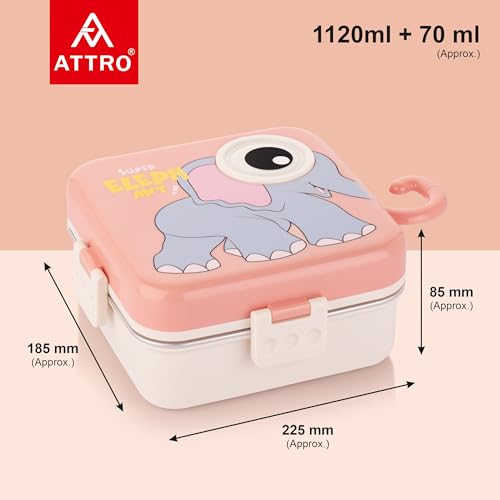 Image of ATTRO Carnival Super Elephant Lunch Box 2 Layer Stainless Steel Lunch Box Comes with 1 Detachable Tray, 1 Small Container & 1 Spoon Ideal for Kids BPA Free 1120ml+70ml- Peach