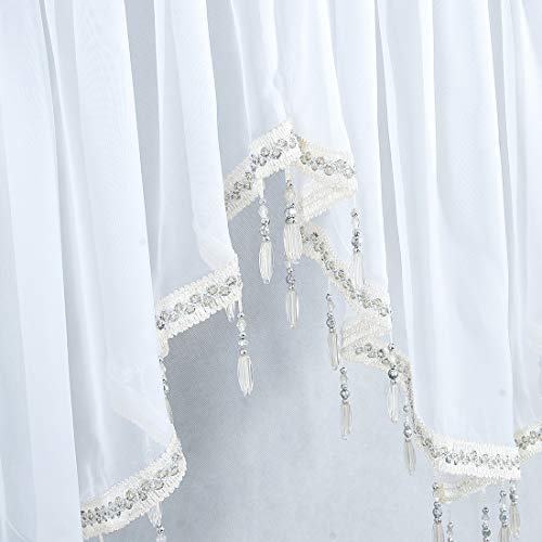 Jaijy Sheer Solid Country Curtain Drapes Window Treatment Valances Beaded Ascot Rod Pocket Curtains For Small Window Garden Living Room Home Bedroom Kitchen Cafe Farmhouse, 2 Panels, White #TOP2