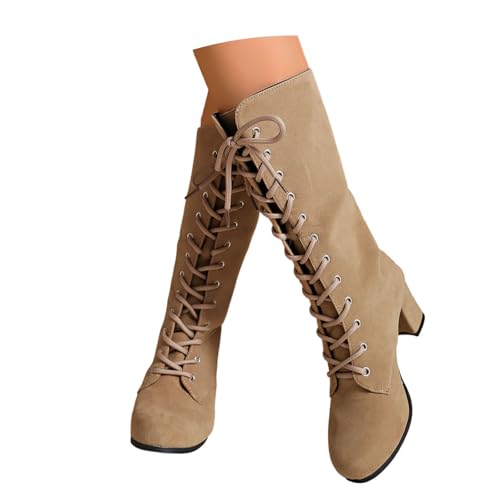 Generisch Botas altas hasta la rodilla para mujer, con cordones, de piel sintética, botas de equitación, bajas con tacón en bloque, botas largas para mujer, botas de cuña, botas de vaquero, caqui