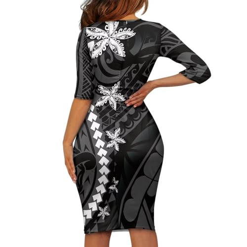 Polynesian Traditional Tribal Print Women Polynesia Dress Wrap Waist Formal Puletasi Dress Wear to Work Dresses2