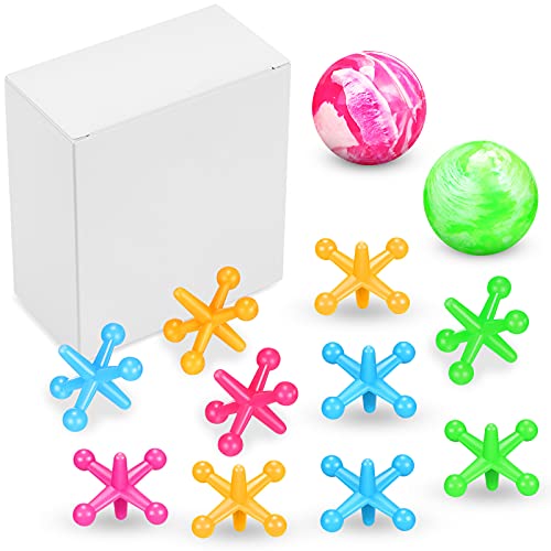 2 Sets Colorful Jacks Game with Balls for Teen Each Set with 12 Plastic Jacks and 1 Marbleized Rubber Ball Classic Game of Jacks for Party