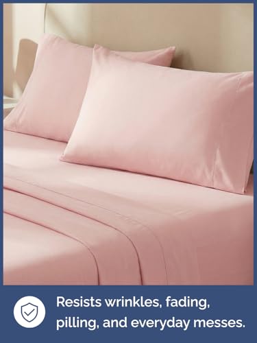 Image of Kids Queen Size Bed Sheet Set - 4 Piece Kids Loft Bed Sheets - Solid Pink Themed Bedding - Soft, Cute and Cozy - Breathable and Machine Washable - Bedding for Boys, Girls, Teens & Toddlers - Oeko-Tex