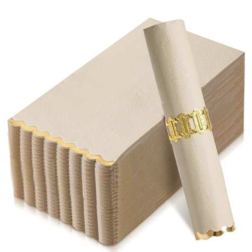 50 Pack Beige Paper Napkins Decorative Gold Foil Scalloped Edged Elegant Guest Napkins Disposable Dinner Napkins for Wedding Baby Shower Bridal Shower Birthday Party Table Setting (4 x 8 Inches)