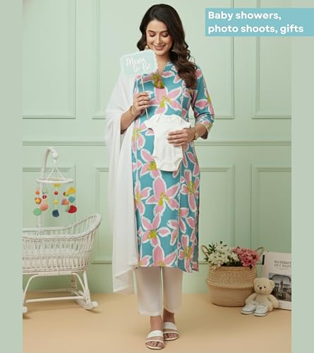 Image of DUMMY SHAPE Maternity Dresses for Women Cotton | Floral Kurta Pant Dupatta Set with Nursing Zippers, Side Pocket | Pre & Post Pregnancy | Feeding Kurti Suit | Baby Shower | Gifts for Pregnant Woman