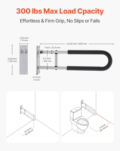 VEVOR 23.8 Inch U-Shaped Toilet Safety Rail, Foldable Anti-Slip Grab Bar, 300 Lb Capacity