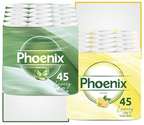 Phoenix Toilet Rolls – 90 Pack | 3 Ply Lemon & Aloe Vera Scented Toilet Paper | Bulk Buy, Soft, Quilted, Sustainably Sourced, Eco- Friendly Luxury Bathroom Tissue