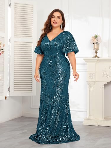 Image of Plus Size Glamous Short Sleeves Womens Sequin Dress Formal Gowns Evening Glitter Mermaid Prom Dress