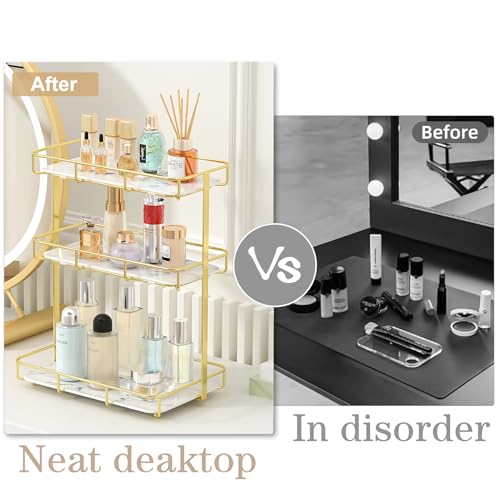 Image of Bathroom Organizer Countertop Perfume Organizer Makeup Organizer Cosmetics Storage Display Rack Vanity Tray Dresser Stainless Steel Gold Shelf White Marble Ceramic Tray