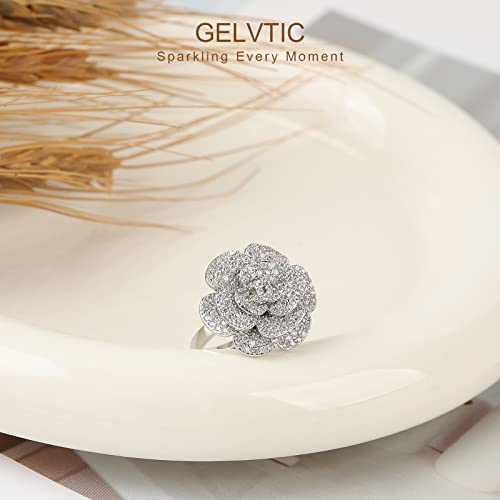 Cocktail Rings Silver Rose Flower Ring for Women Adjustable Rhinestone Cubic Zirconia White Gold Plated Snowflake Crystal Open Wrap Wedding Statement Valentine Gift for Lover Wife Christmas4