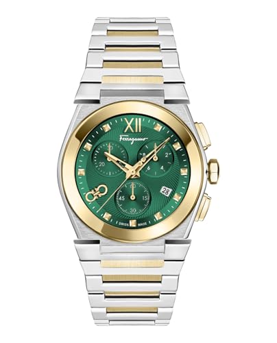 Ferragamo Vega Chrono Collection Luxury Mens Watch Timepieces with a Two Tone Bracelet and Case Featuring a Green Dial