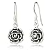 925 Oxidized Sterling Silver Vintage Rose Flower Dangle Hook Earrings
