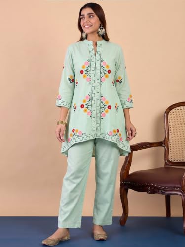 Image of ANNI Designer Women Kurta Set | Cotton Embroidered A-Line Kurta with Pant Co-ord Set | 3 /4 Sleeve Mandarin Collar Kurti Set for Women | Daily Office Party Wedding Ethnic Suit
