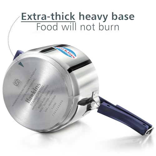 Image of Hawkins Hevibase 5 Litre Stainless Steel Pressure Cooker | Straight Body | Induction & Gas Compatible | Ideal for 5-7 persons | ISI Certified | Guaranteed for 5 year | Silver (HSI50)