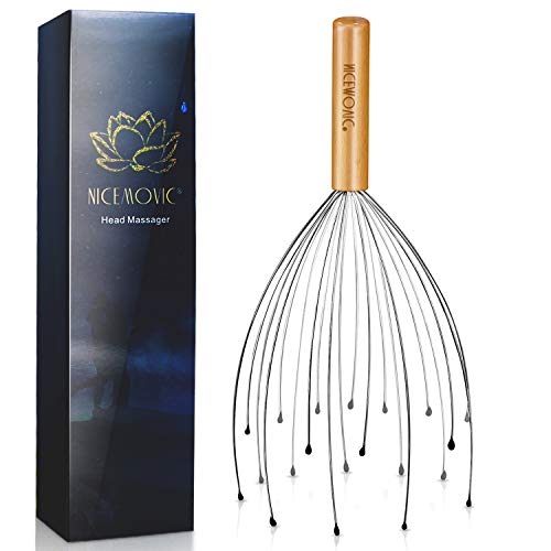 NICEMOVIC Mango de madera Masajeador de cabeza con 20 dedos de masaje, Manual Masaje y relajación circulación, araña para el cabello Masajeadores del cuero cabelludo