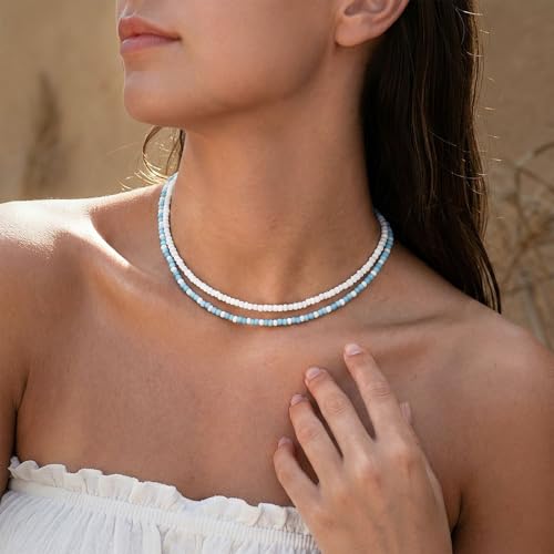 Colorful Boho Bead Choker Necklace Handmade Beaded Necklace Personalized Surfer Beach Necklaces for Women (AD02 Blue white) by Generic - Used condition - Image 4