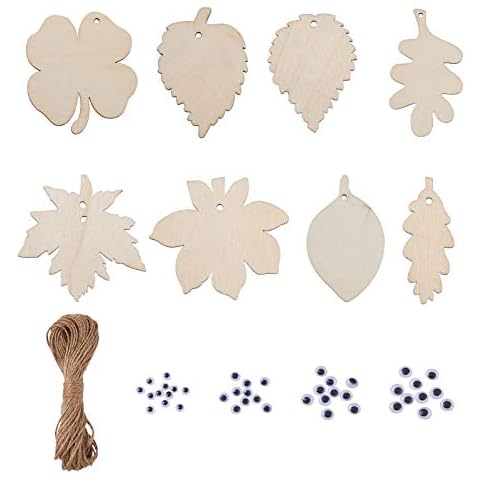 Beadthoven 40pcs 8 Styles Unfinished Leaf Wood Slice Natural Blank Wooden Maple Clover Tree Leaves Cutouts with Wiggle Eyes & Hemp Cords for Jewelry Making Cover